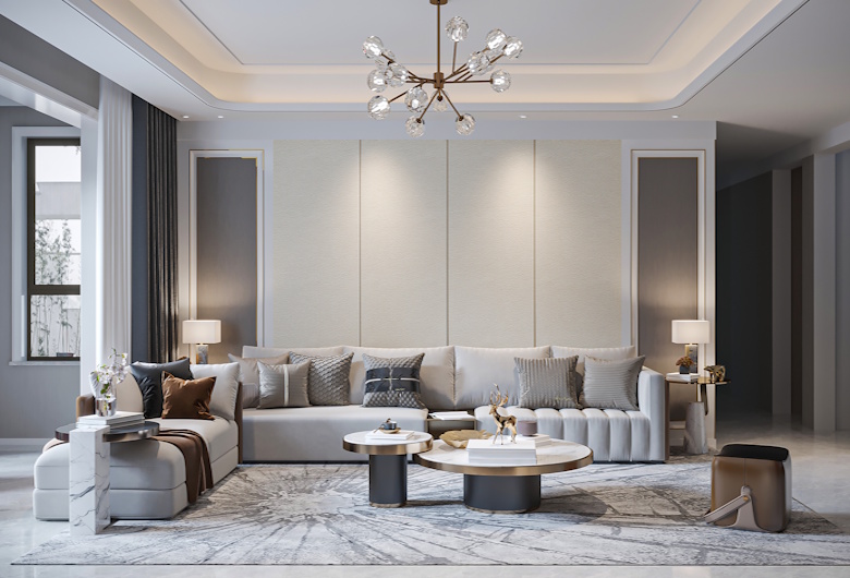 Modern Living Room with Chandelier and Sectional Sofa